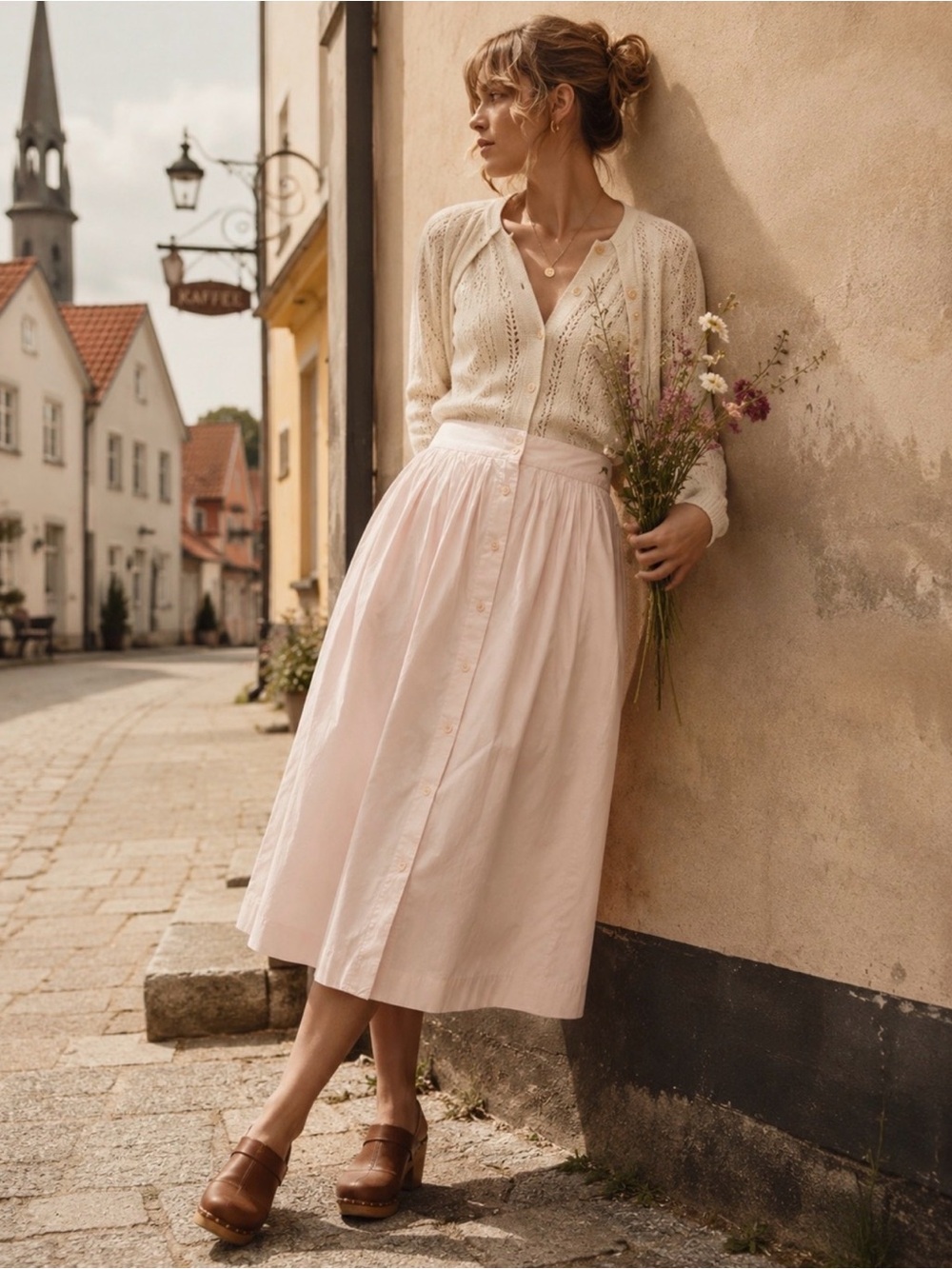 Vintage Powder Pink Pastel Button Down Maxi Cotton Spring Skirt 14